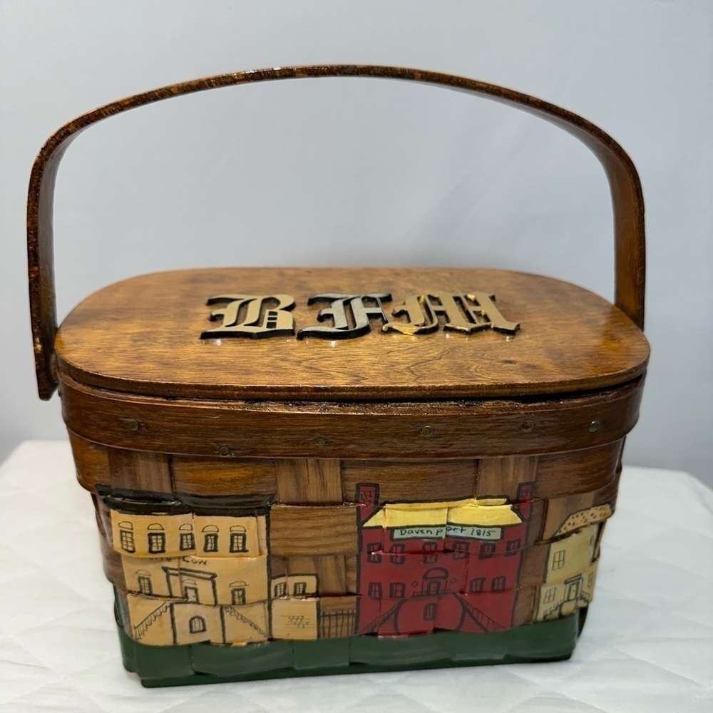Vintage 1970s Georgia Woven Weave Wooden Basket Hand Painted  With Mirror Retro